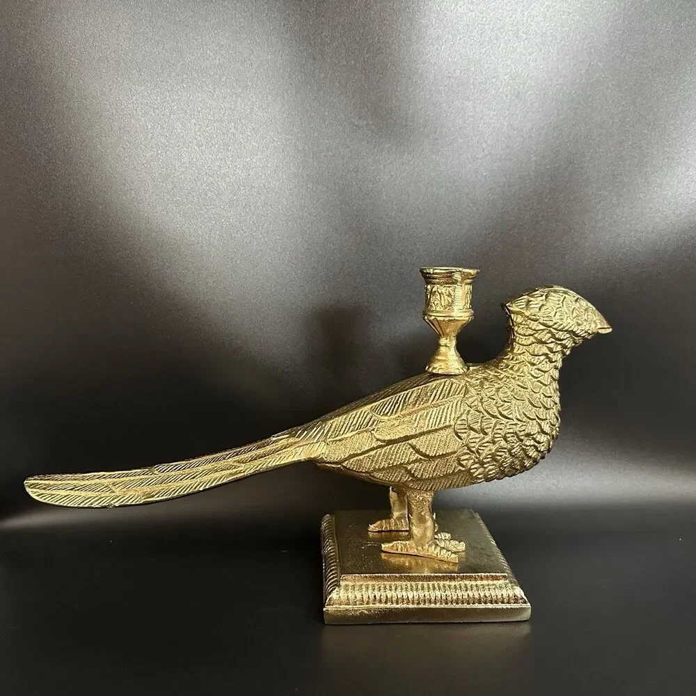 Heavy Cast Metal Pheasant Candle Holder Bronze Finish Taper Holder 7”